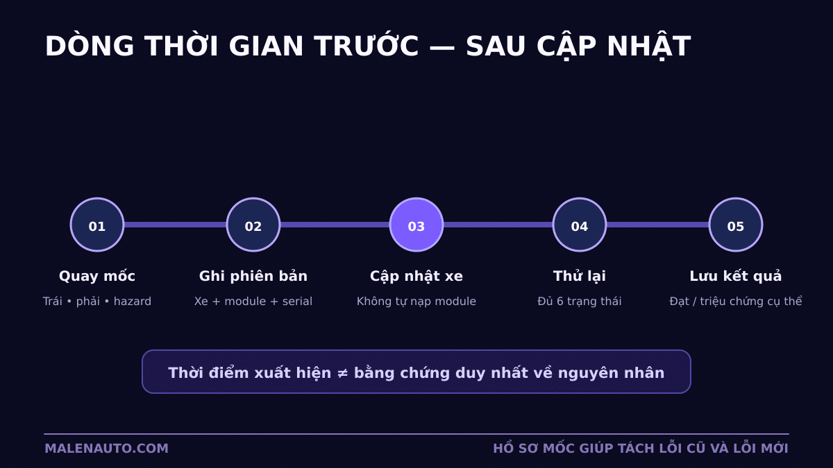 Dòng thời gian kiểm tra trước và sau cập nhật phần mềm Limo Green